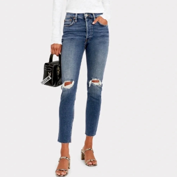 Re/Done 90's High Rise Dusk Destroy Ankle Crop Jeans Distressed Size 27 - Picture 3 of 13